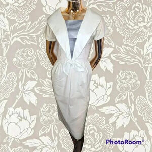 Vintage 60s Helen Whiting Preppy Cream Pencil Dress Striped